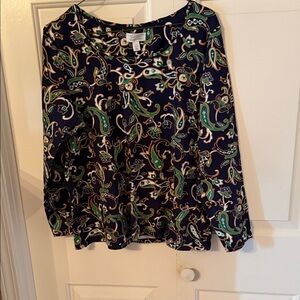Charter Club Navy and Green Paisley Long Sleeve Top